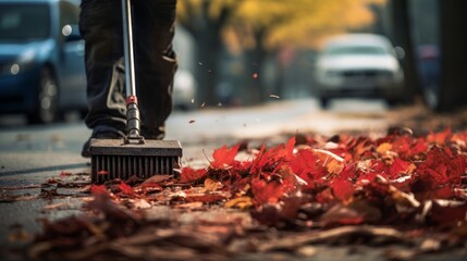 Street cleaner sweeps fallen autumn leaves from sidewalk under soft diffused lighting - obrazy, fototapety, plakaty