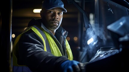 Determined street cleaner operates mobile trash compactor under bright industrial lighting - obrazy, fototapety, plakaty