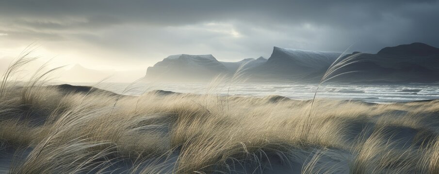 Amazing icelandic grass in beach during windy day.
