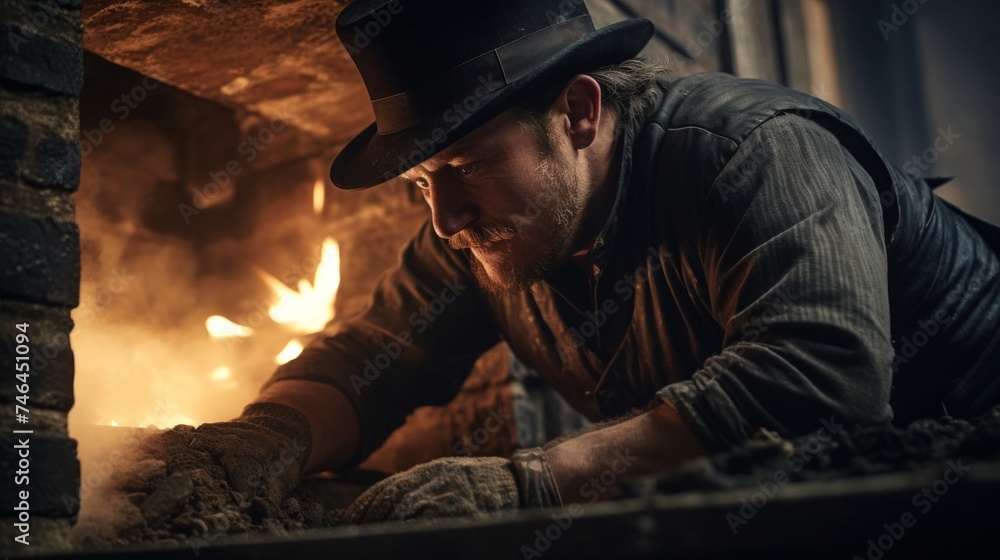 Wall mural Close-up capturing chimney sweep's skilled hands dismantling fireplace surrounded by soot-covered tools