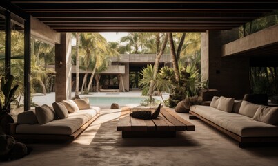 Fototapeta premium Luxury isolated beach house surrounded by jungle plants, living room with open walls leading to the beach, open space