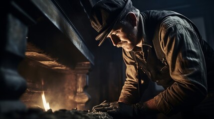 Fototapeta premium Close-up capturing chimney sweep's skilled hands dismantling fireplace with soot-covered tools