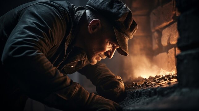 Chimney sweep carefully dismantles fireplace surrounded by intricate bricks and soot-covered tools