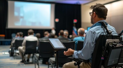 Inventor with disability presenting accessible tech at a conference innovation and inspiration