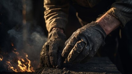Close-up of chimney sweep's hands covered in soot as he removes creosote buildup from chimney - obrazy, fototapety, plakaty