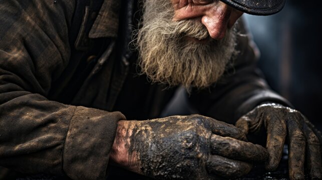 Chimney sweep's hands covered in soot as he removes creosote buildup from chimney under soft diffused lighting