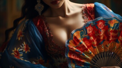 Intricate details of flamenco dancer's flamboyant fan - obrazy, fototapety, plakaty