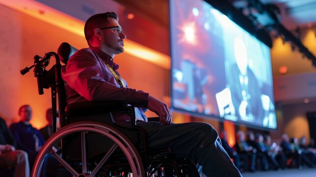 Inventor with disability presenting accessible tech at a conference innovation and inspiration