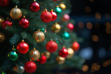 Christmas tree with red and gold balls, bokeh background.