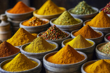 Eastern local market, piles of colorful aromatic spices. Ceramic pots with seasonings, different types of powder on the background.