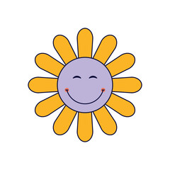 Groovy Cartoon sunflower cute smile flower characters purple yellow