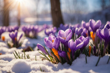 A bright photograph of a snow-covered meadow with colorful crocuses. Spring image, sun rays.