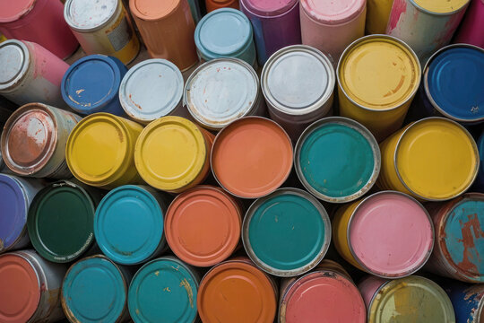 A bright rainbow image for advertising, tin cans with multi-colored paint standing on a white background. Pastel shades, rainbow colors, repair tools.