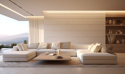 Fototapeta na wymiar Creamy modern living room. Minimalist style interior design.
