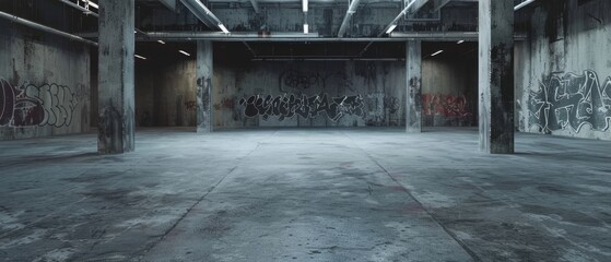 Empty underground parking with graffiti wall abstract background. Idea for artistic pop art background backdrop. Empty open space interior background. Template 3d rendering. Generative ai - obrazy, fototapety, plakaty