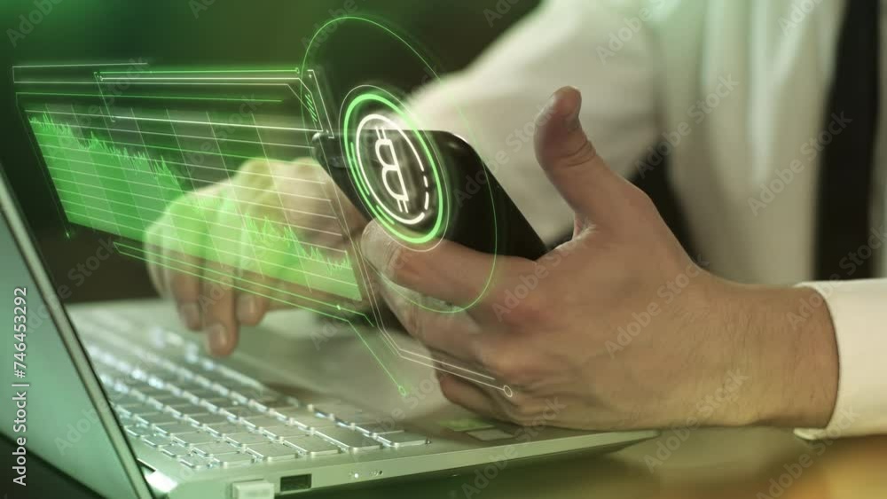Poster the trader monitors the growth of the bitcoin rate.