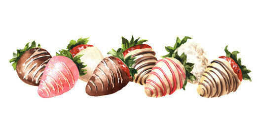 Sweet strawberries in glaze dipped in white and milk chocolate. Hand drawn watercolor illustration, isolated on white  background