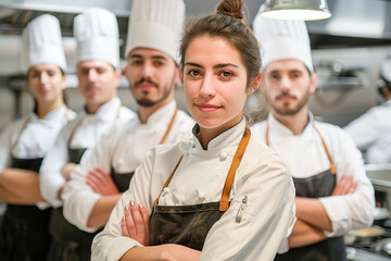 Portrait of confident chef standing with her team in the kitchen of the restaurant. Cooking team posing for a team photo in the kitchen at work. 