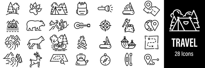 Travel Web Icons. Hiking Camping, Wild Nature, Hunting, Tent, Road Trip. Vector in Line Style Icons