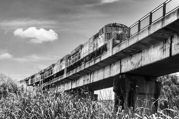 Train black & white on bridge