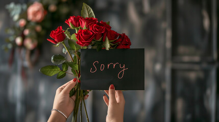 A female hand holding bouquet of red rose and card with text sorry,  - obrazy, fototapety, plakaty