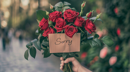 A female hand holding bouquet of red rose and card with text sorry,  - obrazy, fototapety, plakaty