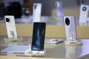 New smartphones in a store, mobile phones in retail