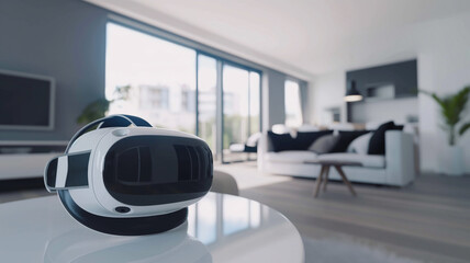 Virtual reality glasses on the background of a modern interior