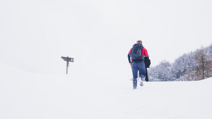 Fototapeta na wymiar Hiker going up the snowy hill on a cloudy winter day with a red t-shirt