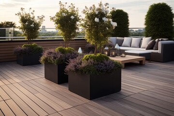 Obraz premium Minimalist Garden Designs: Rooftop Oasis with Modern Planters and Chic Seating