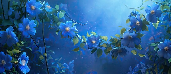 Fototapeta na wymiar The painting depicts a climbing plant with vibrant blue flowers against a blue background. The flowers are detailed and stand out against the calming blue hues of the backdrop.