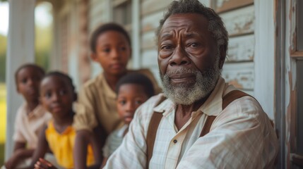 Fototapeta premium A black elder sits on a porch surrounded by their children and grandchildren, sharing stories and imparting wisdom passed down through generations