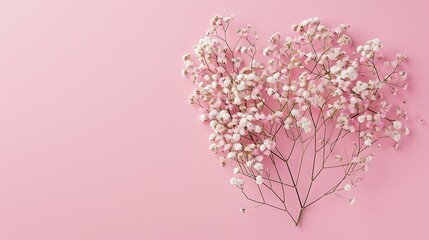 Obraz na płótnie Canvas Blank white heart shape with baby's-breath flowers on pink background