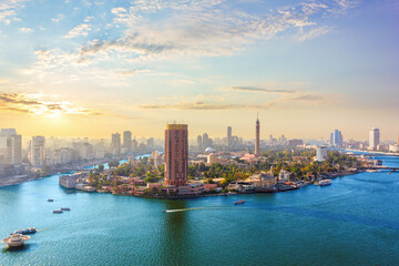 Gezira island in the Nile river at sunset, exclusive aerial view of Cairo, Egypt