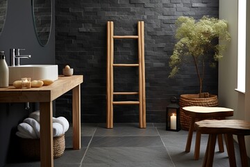 A Zen Sanctuary: Inspired Wooden Stools and Slate Gray Tiles Haven