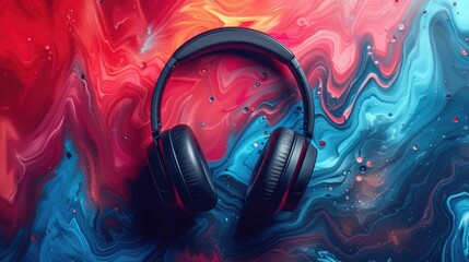 An image of high-quality headphones placed on a dynamic abstract background, showcasing the innovative technology and superior sound quality of a tech company's latest audio products - obrazy, fototapety, plakaty