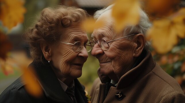 An elderly couple stands hand-in-hand in a garden, surrounded by family and friends as they renew their wedding vows. Tears of joy stream down their faces as they reaffirm their commitment
