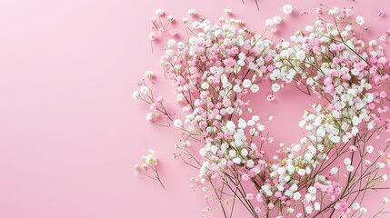 Obraz na płótnie Canvas Blank white heart shape with baby's-breath flowers on pink background
