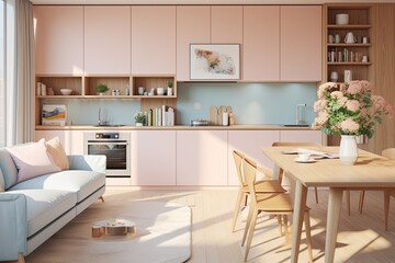 Fototapeta na wymiar Sustainable Eco-Friendly Home Designs: Apartments with Pastel-Colored Interiors