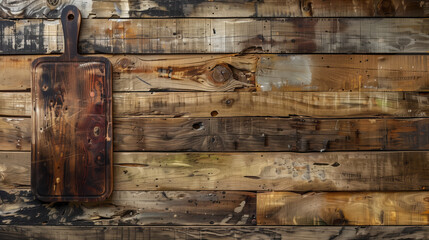 Vintage cutting board displayed on wooden planks for a creative food background concept