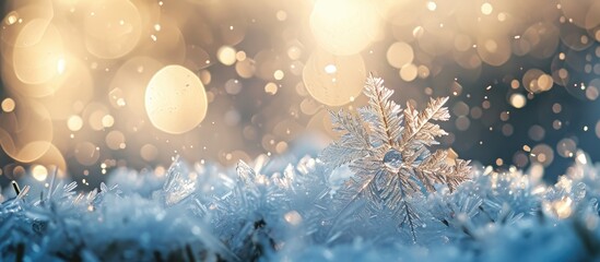 Fototapeta na wymiar Glistening ice crystal in snowy bokeh background, perfect for Christmas greeting card.