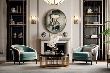 Rounded Armchair Elegance: Art Deco Living Room with Stylish Bookcases