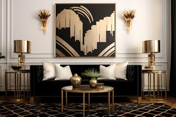 Black and Gold Art Deco Living Room: Inspirational Designs Against White Walls