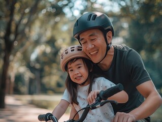 Fototapeta na wymiar Happy dad and daughter riding bicycles