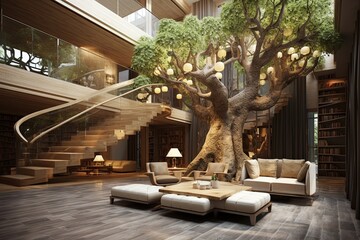 Atrium-Inspired Living Room Ideas: Apartment Tree Centerpiece Showcase