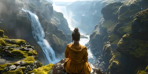 Fotobehang Backpacker woman looking at waterfall, nature scenery, waterfall landscape © Jing