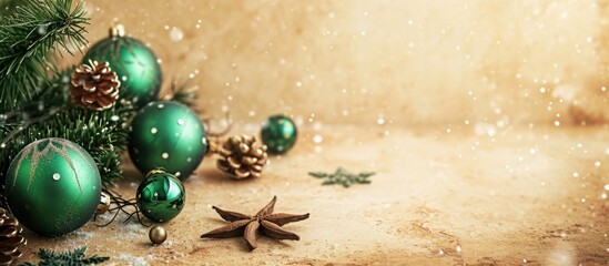 Retro-style Christmas postcard template featuring wooden decorations, green balls, and a vintage beige background.