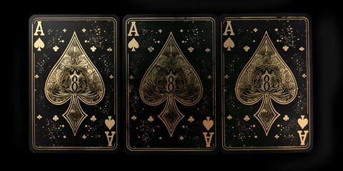 three playing card Featuring a Royal Flush Gold ornaments on black background A fan of playing cards consisting of four black and golden Ace of Spades Diamonds Clubs Hearts. - obrazy, fototapety, plakaty