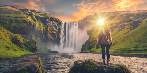 Backpacker woman looking at waterfall, nature scenery, waterfall landscape