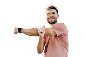 An athletic man is stretching in preparation for running. The background is transparent and isolated.
